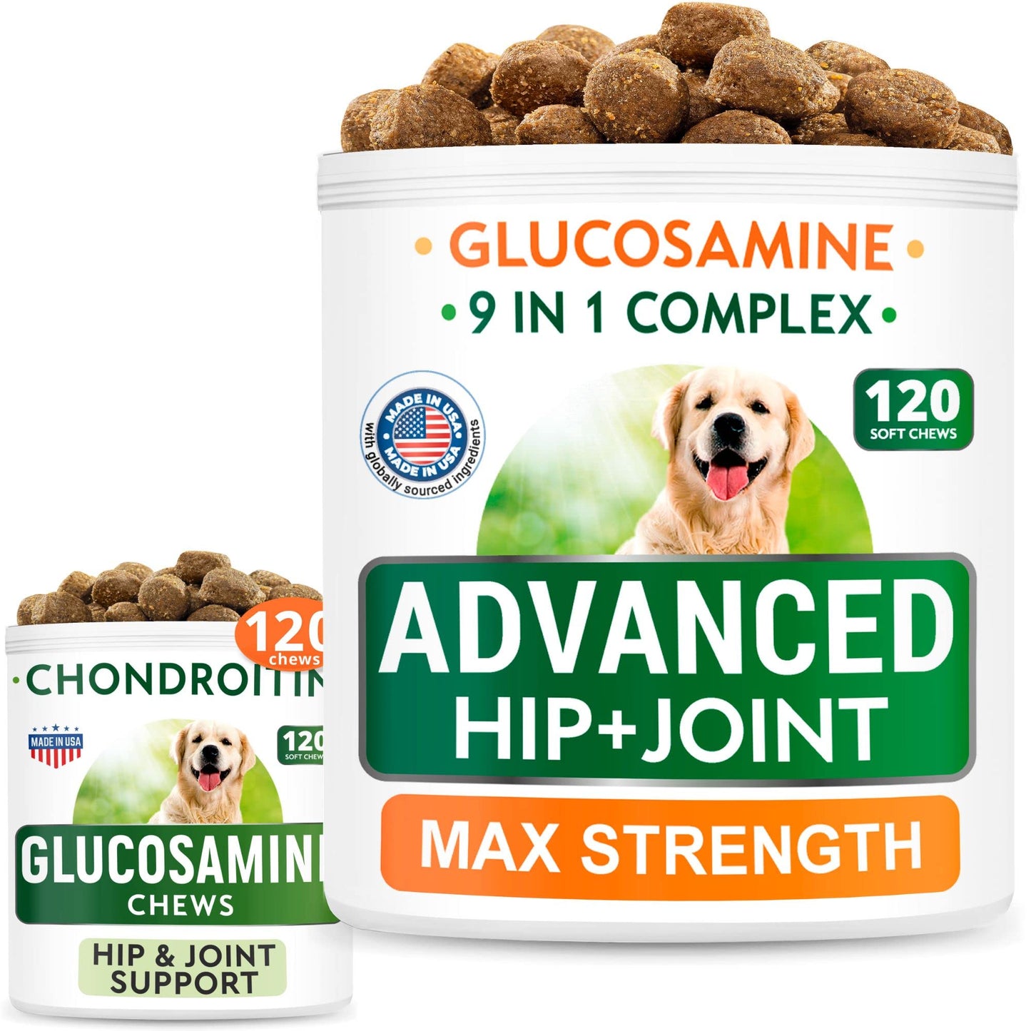 Senior Advanced Glucosamine + Glucosamine Dog Treats Bundle - Old Dog Joint Pain Relief + Hip & Joint Care - Advanced Formula Chondroitin, MSM, Omega-3 - Bacon + Chicken Flavor - 240Ct - Made in USA