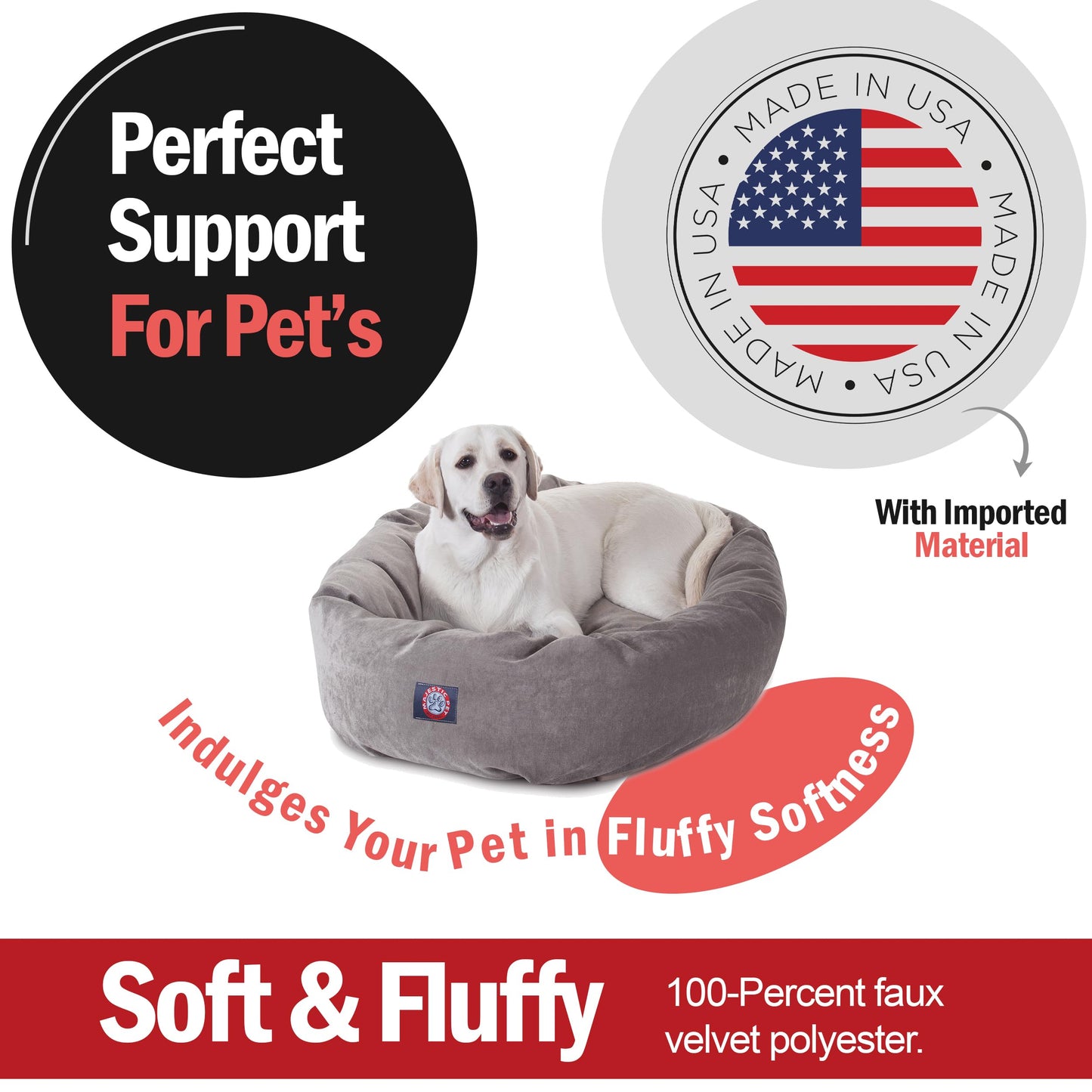 Majestic Pet 40 Inch Micro Velvet Calming Dog Bed Washable – Cozy Soft Round Dog Bed with Spine for Head Support - Fluffy Donut Dog Bed 40x29x9 (inch) – Round Pet Bed Large - Vintage