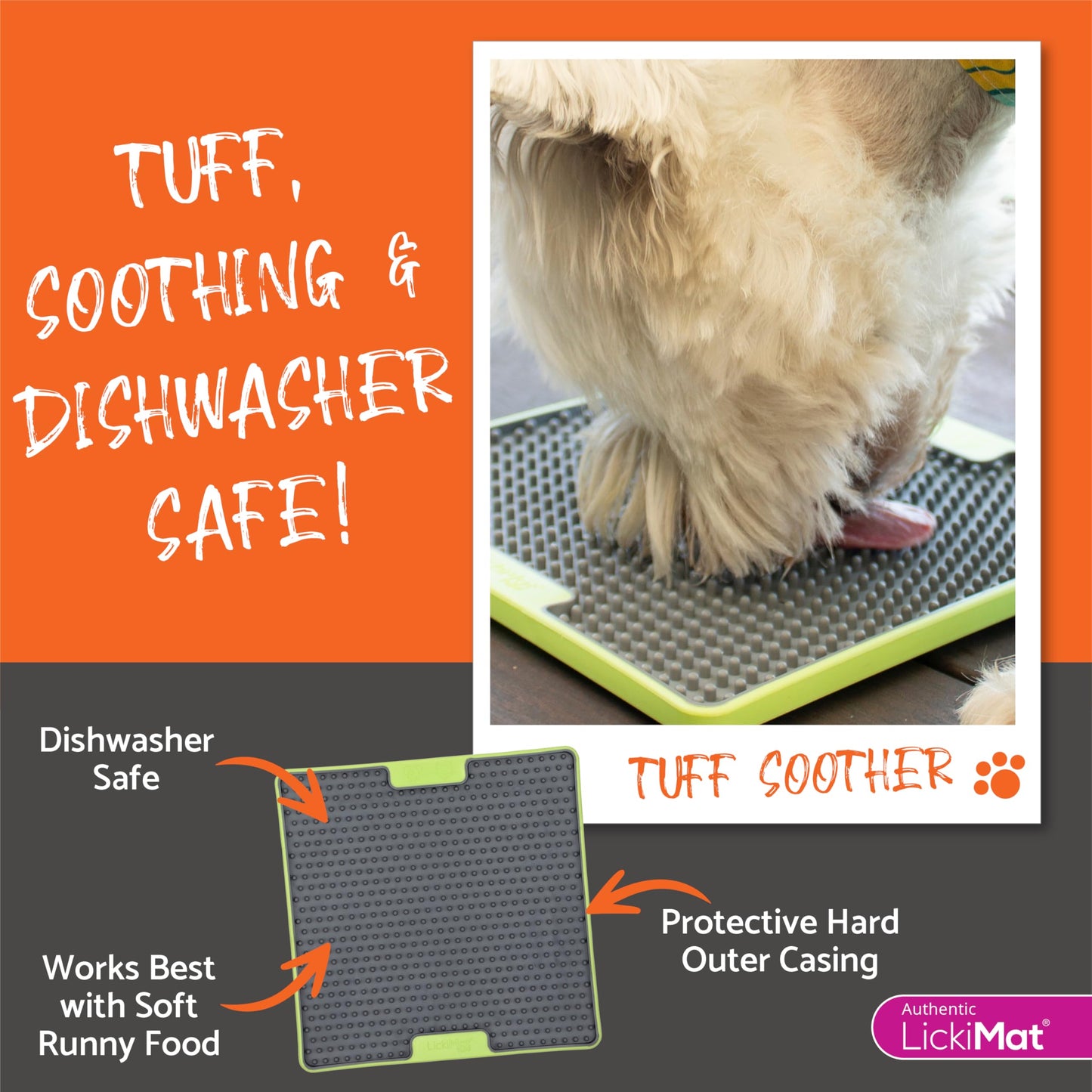 LickiMat Tuff, Heavy-Duty Soother, Dog Slow Feeder Lick Mat, Boredom Anxiety Reducer; Perfect for Food, Treats, Yogurt, or Peanut Butter, Fun Alternative to a Slow Feed Dog Bowl, Orange