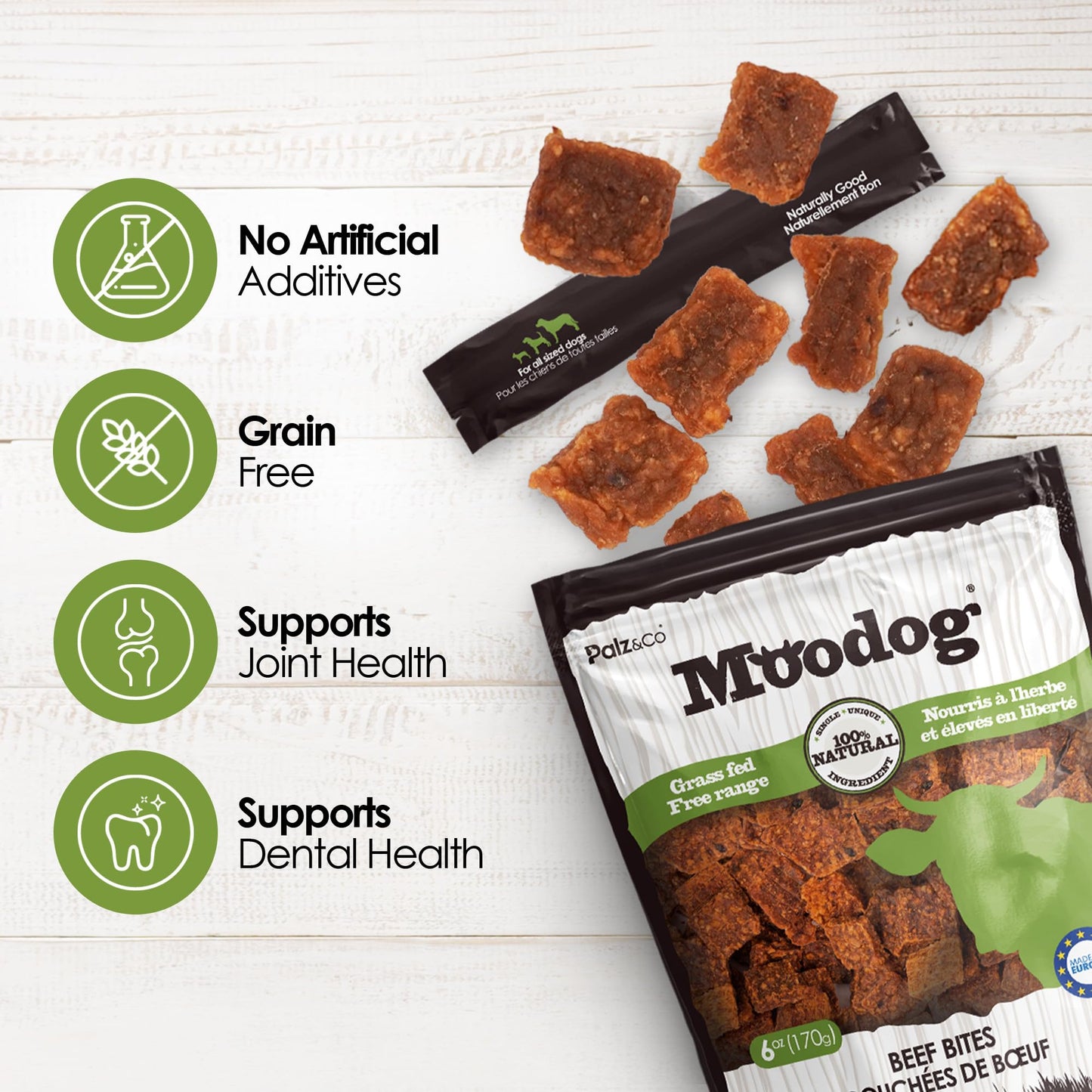 Palz&Co Moodog Beef Bites Soft Chews for Dogs - 100% Natural Grain-Free Treats to Support Dental Health, Joint Mobility, and Stress Relief, No Artificial Additives, 6 oz Bag