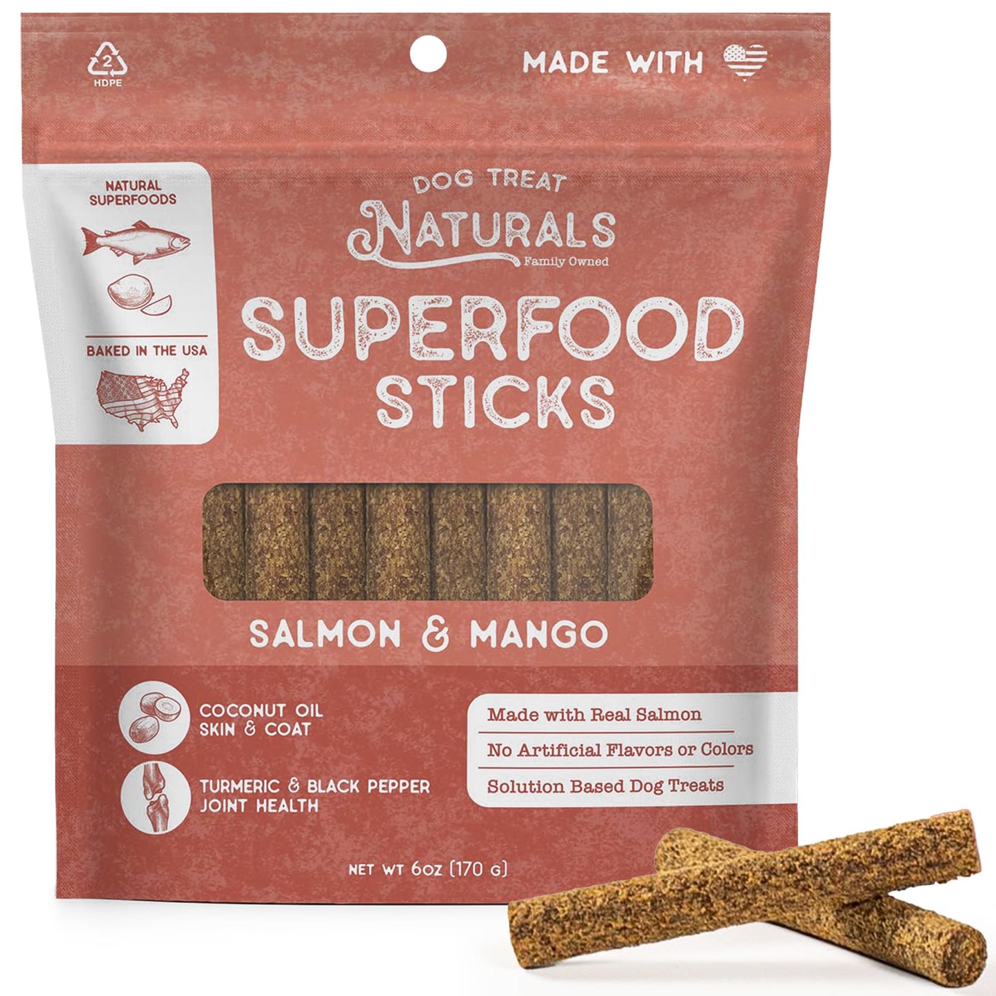 Dog Treat Naturals Salmon & Mango Superfood Sticks for Dogs | All-Natural Premium Training Dog Treats | Contains Turmeric for Joint Health | Made with Real Salmon & Mango | Made in USA | 6 Ounces