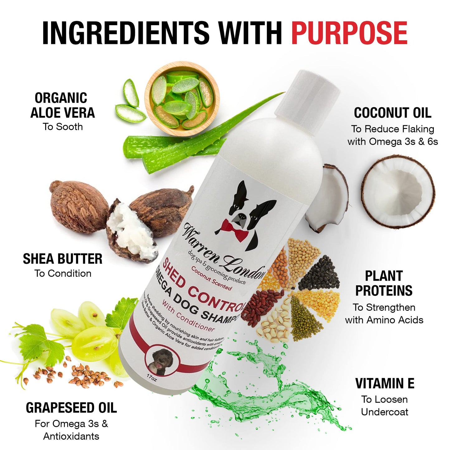 Warren London Shed Control Dog Shampoo for Shedding | 2-in-1 Dog DeShedding Shampoo and Conditioner | Nourishes Hair Follicles w/Grapeseed & Coconut Oil | Anti Shedding Shampoo for Dogs | 17oz