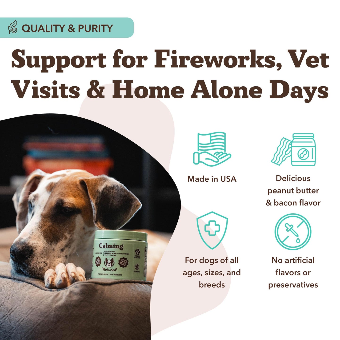 Natural Dog Company Calming Chews for Dogs, Stress & Anxiety Relief Supplement with Chamomile, Valerian Root & Melatonin, Natural Soothing Chews for Travel, Thunder, Fireworks & Separation (90 cnt)