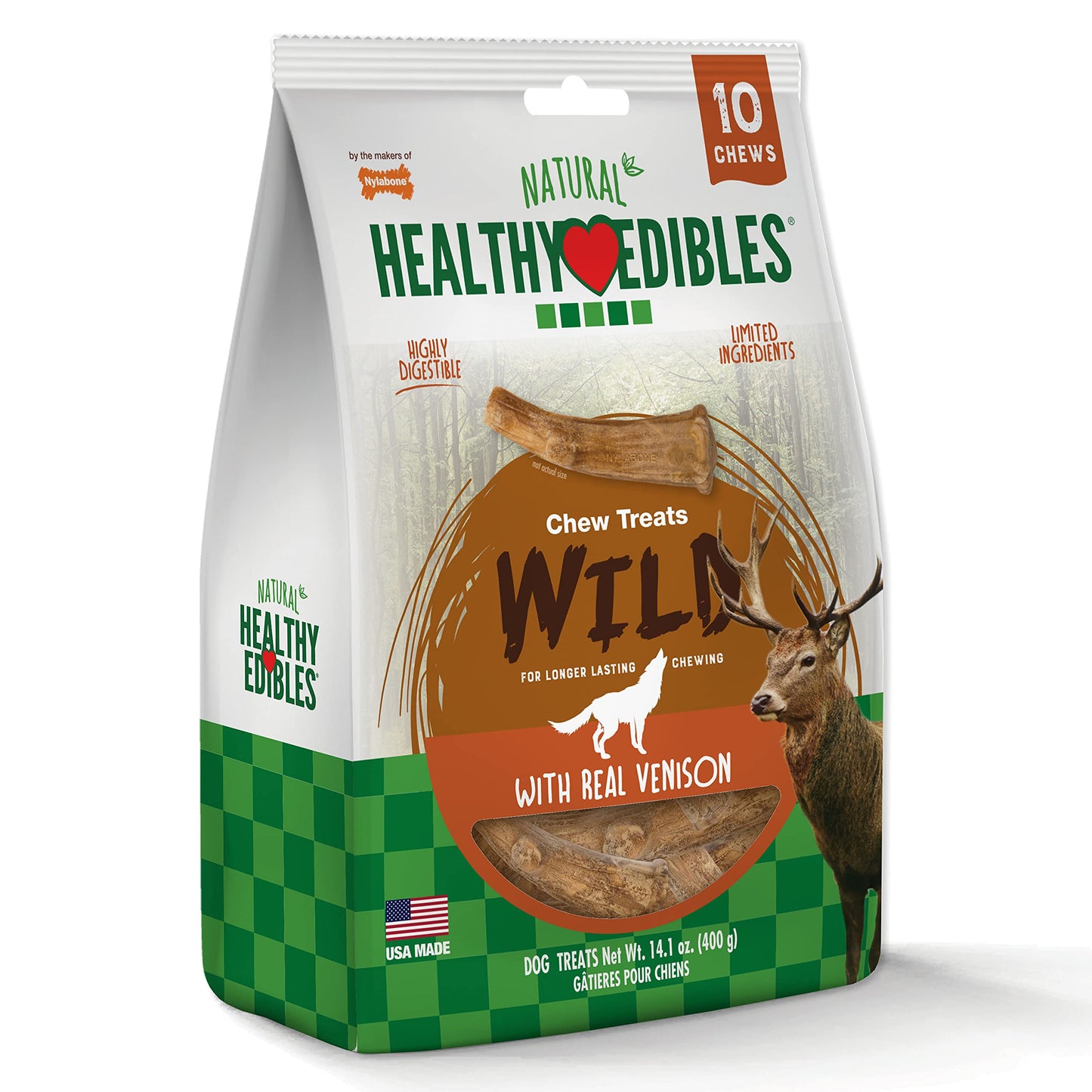 Nylabone Healthy Edibles WILD Natural Dog Chew Treats for Large Dogs, Long Lasting Dog Healthy Chew Antler Bone Made in USA, Venison Flavor, For Dogs Up to 50 lbs. (10 Count)