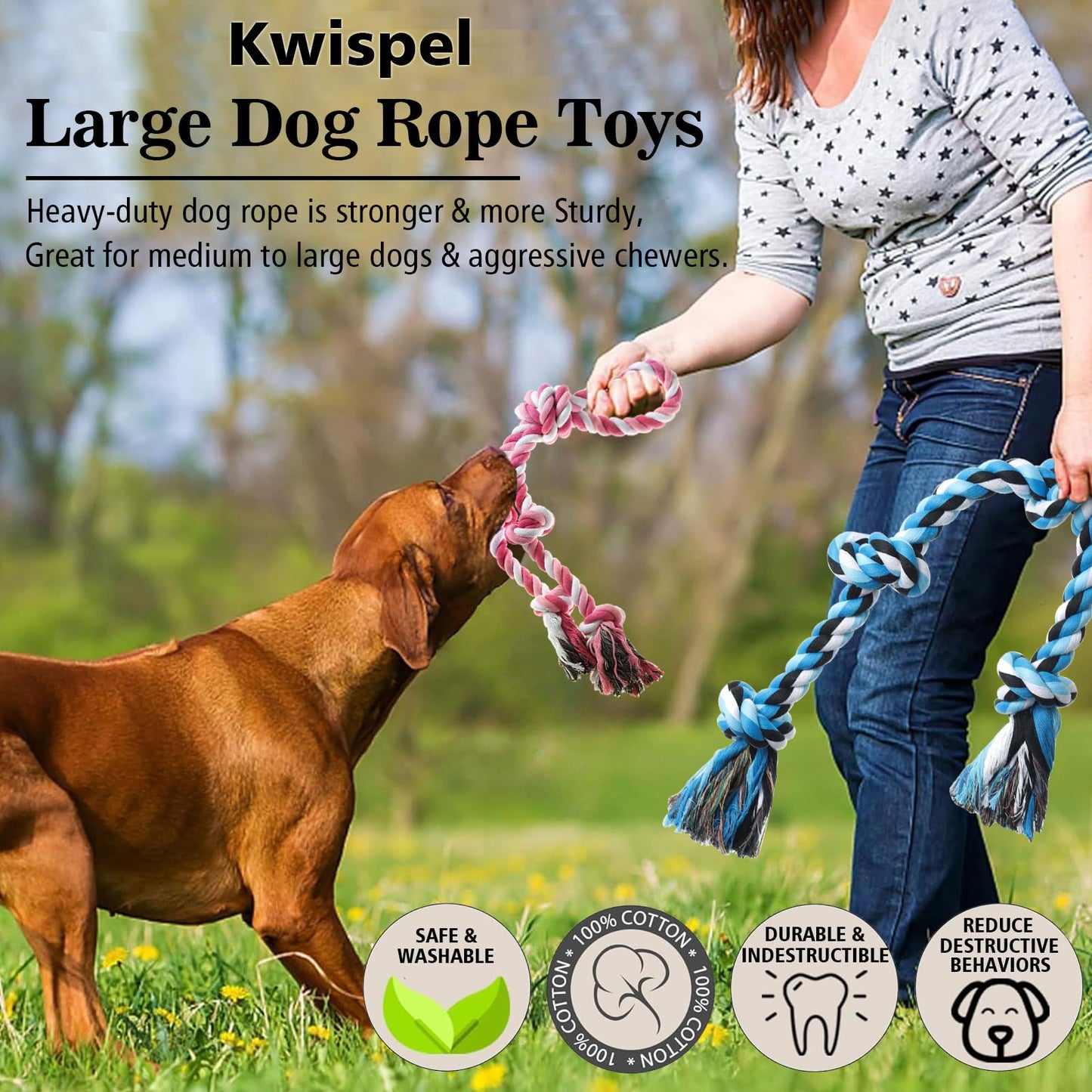 Kwispel Rope Toy for Dogs, 2 Pack Large Dog Rope Toys for Aggressive Chewers, Heavy Duty Dog Toys for Large Medium Breed, Indestructible Tough Rope Chew Toys Tug of War Dog Toy Teeth Cleaning
