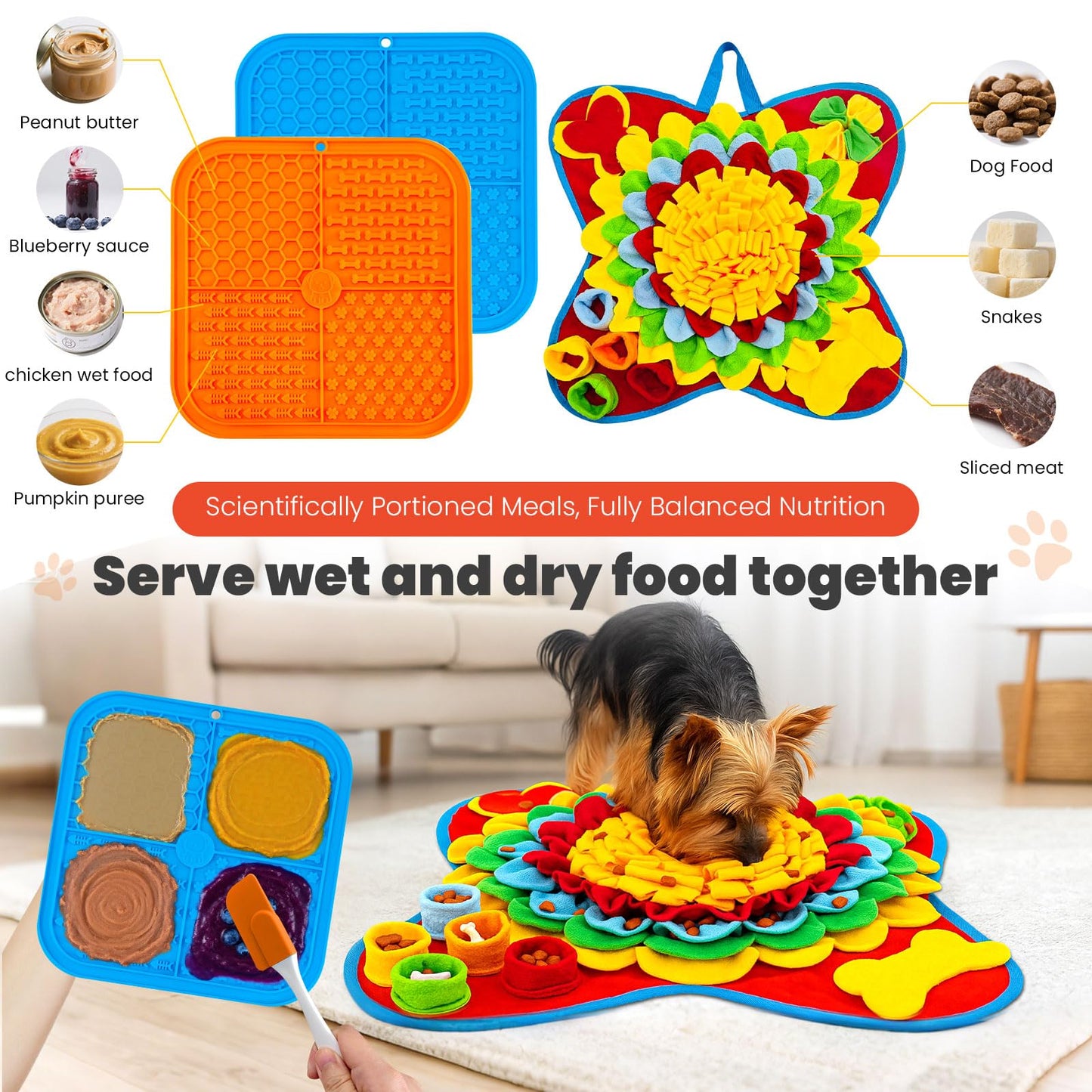 Petcare Dog Snuffle Mat and Lick Mat Set, Interactive Enrichment Dog Puzzle Toy for Puppy Small Medium Dogs Cats Rabbits, Cognitive Sniff Foraging Mats Mental Stimulation Treat Game Slow Feeder Mats