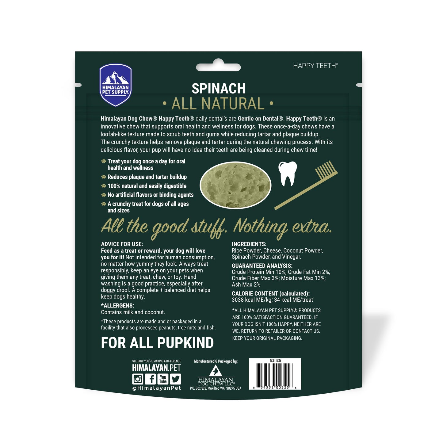 Himalayan Dog Chew Happy Teeth Spinach Dental Chews - Dog Teeth Cleaning, Dental Treats for Dogs, 100% Natural, Digestible, Removes Plaque and Tartar, Gluten, Soy, Lactose Free, 30 Day Supply