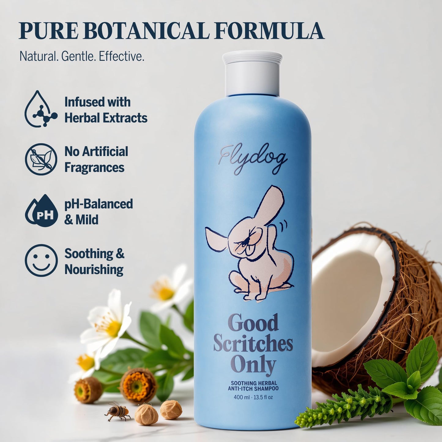 FLYDOG Itchy Skin Relief Shampoo for Dogs & Cats - Natural Herbal, Hypoallergenic with Soothing Brush, Moisturizes Dry Skin, Controls Flaking & Odors, Reduces Shedding