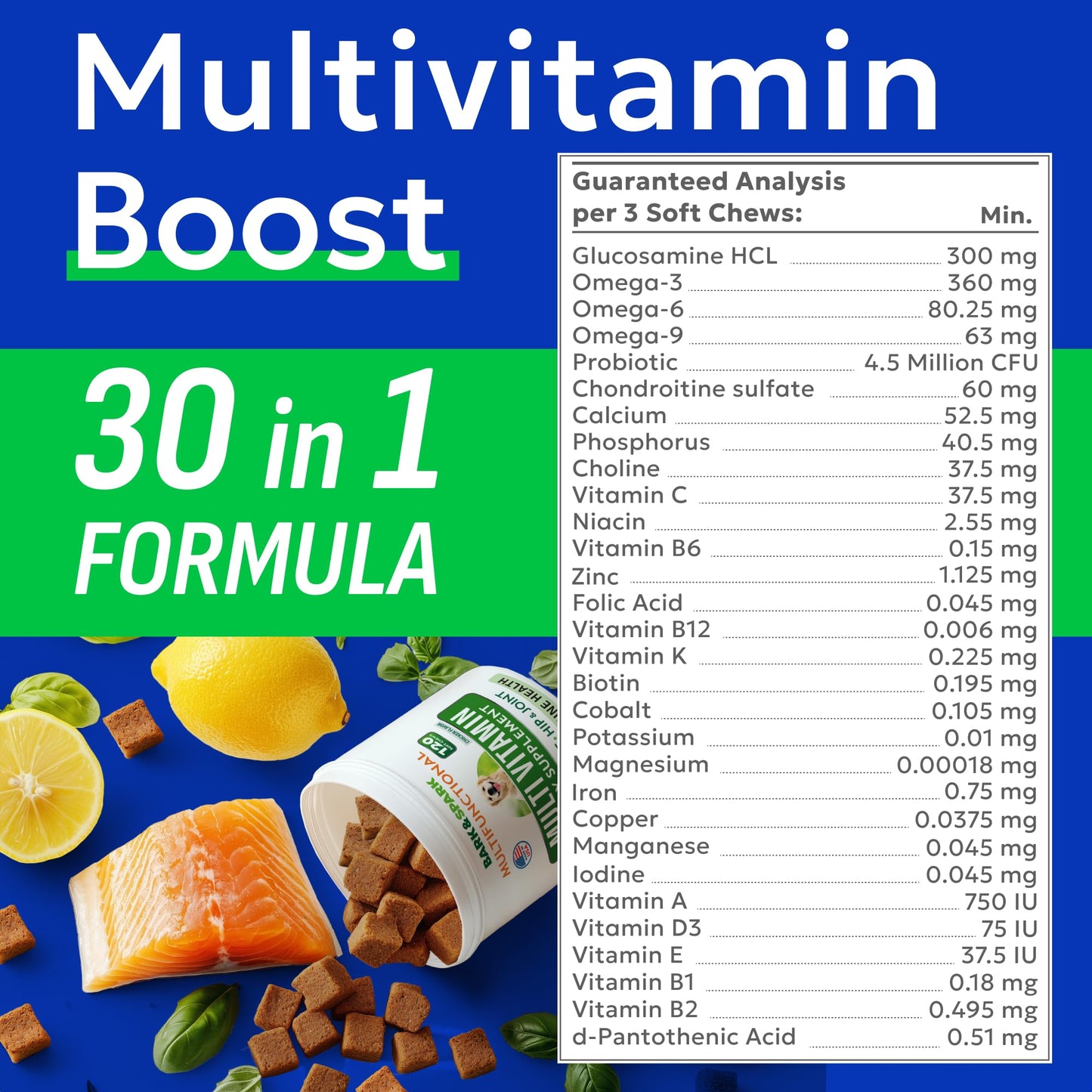 BARK&SPARK Dog Vitamins & Supplements - Multivitamin Chewable Treats for Dogs - Glucosamine Chondroitin for Joint Support + Omega for Skin & Coat + Probiotics - Multi Vitamin for Pets Health - 120Ct
