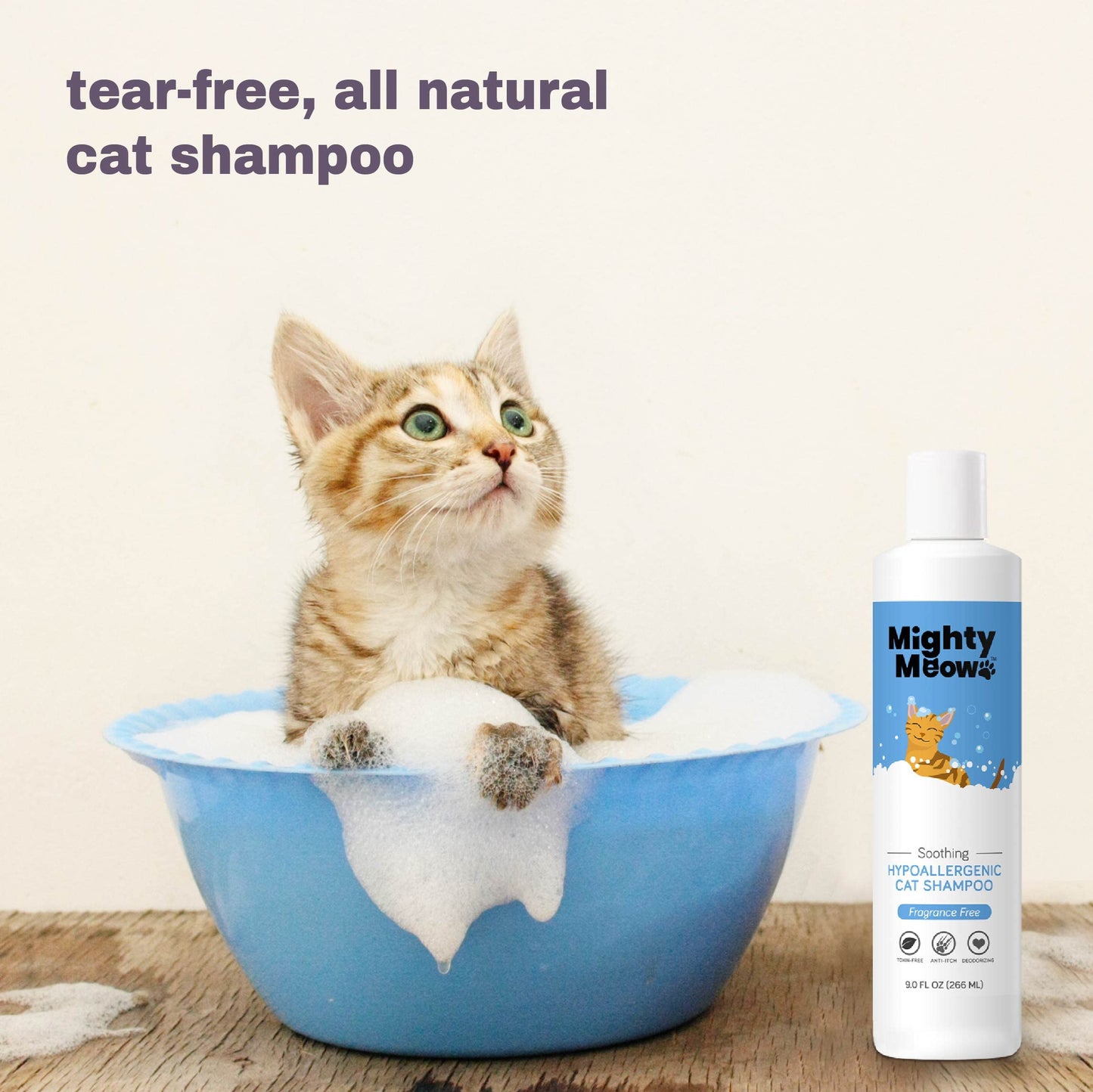 Mighty Meow Soothing Hypoallergenic Cat Shampoo – Easy at-Home Cat Grooming | Deodorizes | Gentle & Anti-Itch | Natural & Allergy-Safe Cat Shampoo Sensitive Skin – Fragrance Free | 9 fl oz