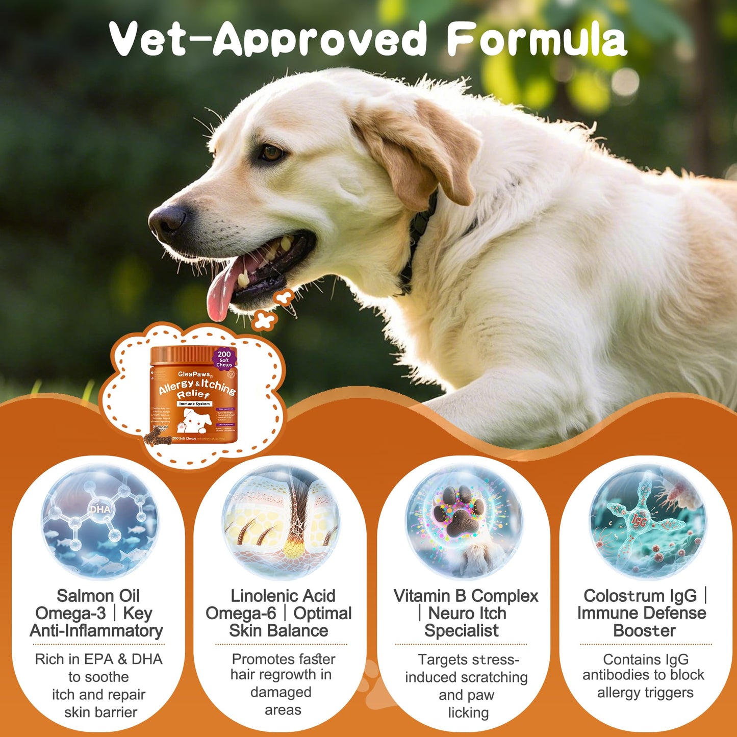 Dog Allergy & Itch Relief Supplement - Salmon Oil Omega-3, Omega-6, Vitamin B1/B2/B6, Colostrum Probiotics for Seasonal Allergy, Hot Spots, Paw Licking, 200 Chews, Store in Dry Place [Upgraded]