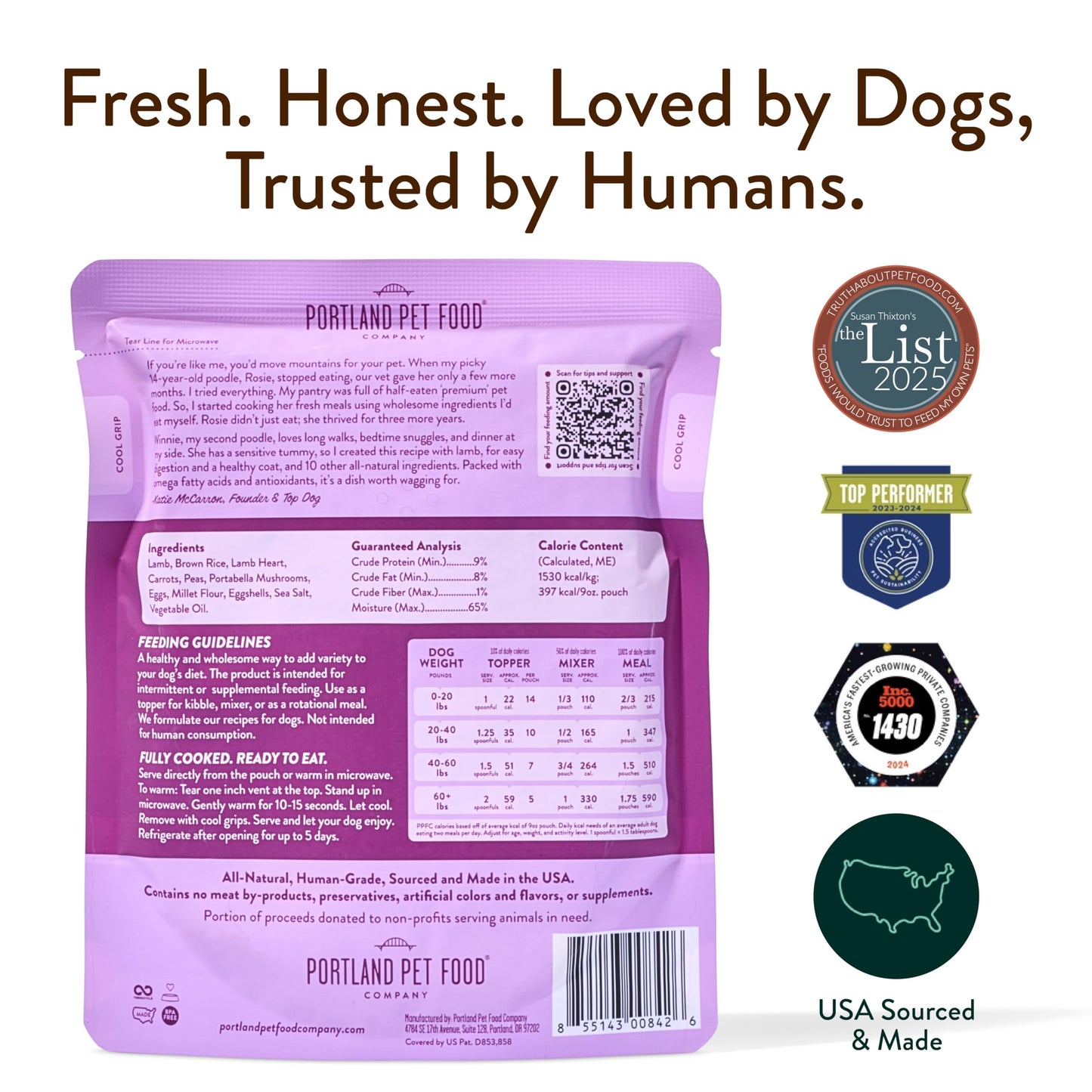 Portland Pet Food Company Winnie's Lamb N’ Rice Fresh Dog Food Pouches, Pet Meal Topper Mixers & Meals - Large & Small Breed Puppy & Senior Dogs - Human-Grade, Gluten-Free - Made in The USA - 5 Pack