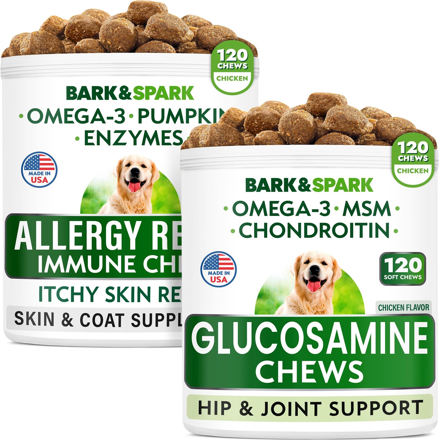 Allergy Relief Dog Treats + Glucosamine Dog Treats Bundle - Omega 3 + Pumpkin + Enzymes for Itchy Skin Relief + Joint Pain Relief and Hip Support Supplement w/ Chondroitin, MSM, Omega-3 - Made in USA
