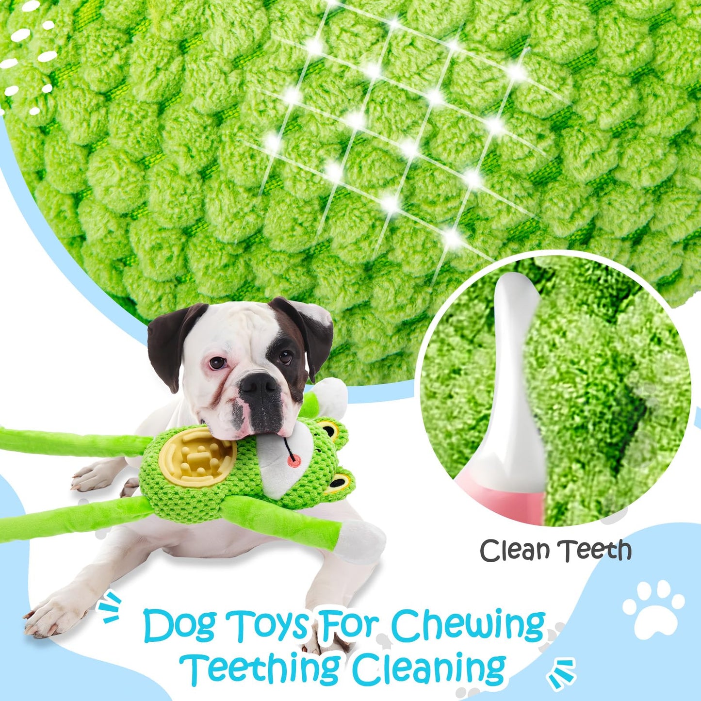 Squeaky Dog Toys - Interactive Frog Plush Dog Toy with Slow Feeder & Tug of War Game, Mental Stimulation Fluffy Stuffed Puppy Toys for Small, Medium, Large Breeds, Durable