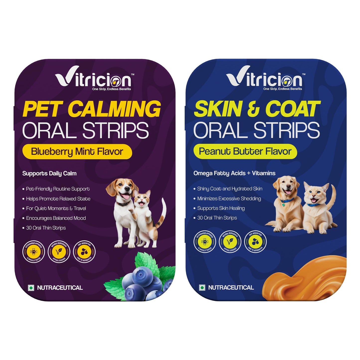 Vitricion Pet Calming with Skin & Coat Health Oral Strips – 60 Fast-Acting Strips for Dogs & Cats Anxiety Support with Melatonin & L-Theanine and Omega-3 & Biotin for Itching & Shedding