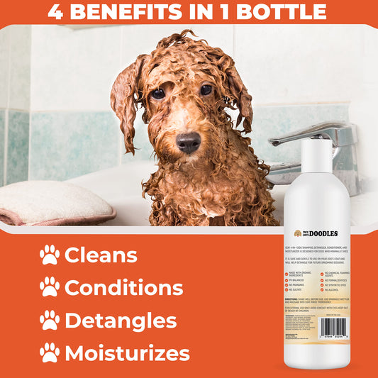 We Love Doodles Dog Shampoo Mango & Curved Slicker Brush - Pet Shampoo for Matted Hair, Sensitive Skin Shampoo for Puppies, for Long-Haired Dogs, Poodle, Golden Doodle, and Dematting (Large)