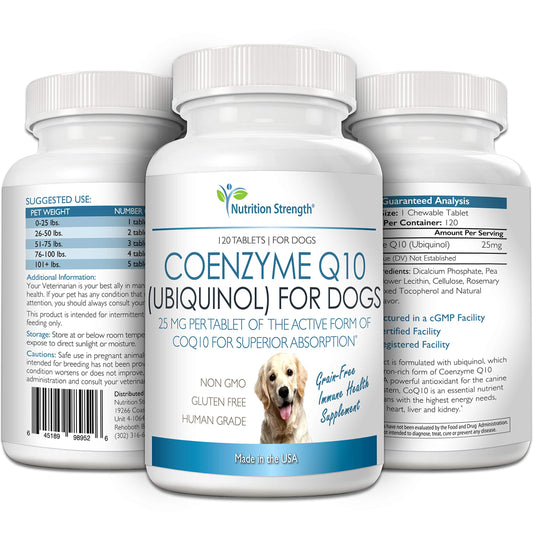 Nutrition Strength Coenzyme Q10 for Dogs Grain-Free Supplement, Ubiquinol - The Electron-Rich Form of CoQ10, Promotes Heart Health, Cognitive and Energy Support for Dogs, 120 Chewable Tablets