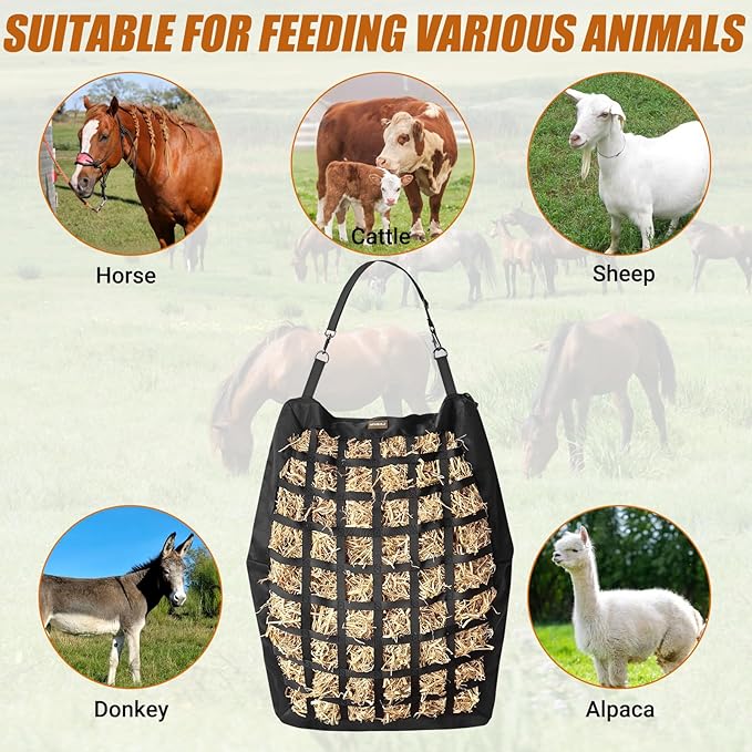 Hay Bag for Horses,Slow Feeder Hay Bag for Gound Feeding,Heavy Duty Oxford Hay Feed Bag for Horses Goats Cows Donkeys with Large Opening and Adjustable Strap for Easy Filling and Hanging