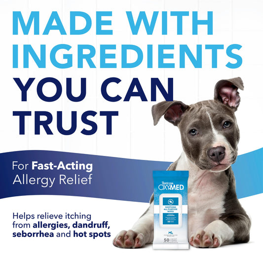 TropiClean Oxymed Soothing Allover Cat & Dog Wipes For Paws And Butt | Anti Itch Relief For Dogs & Cats 50 Count