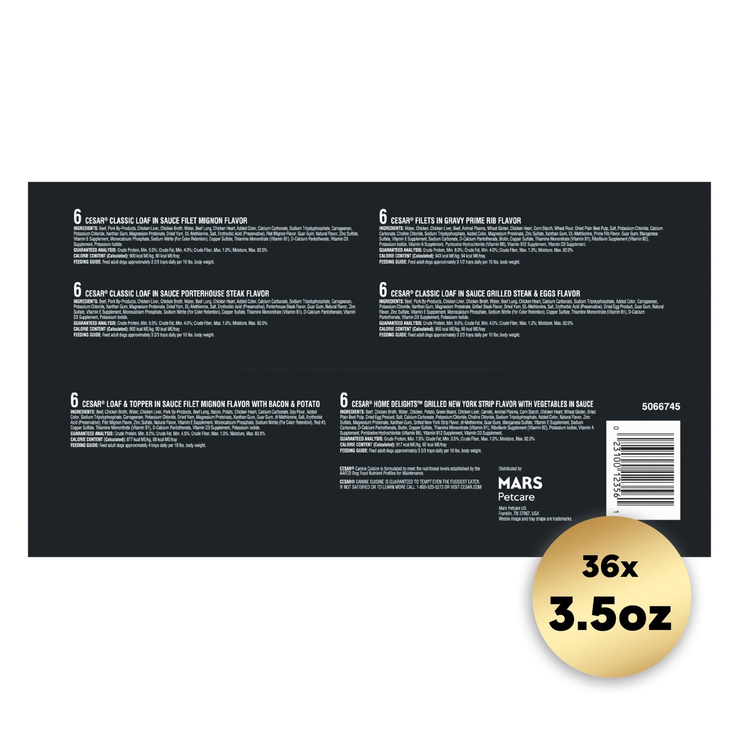 Cesar Wet Dog Food Steak Lovers Variety Pack with Real Meat, 3.5 oz. Trays (36 Count, Pack of 1)