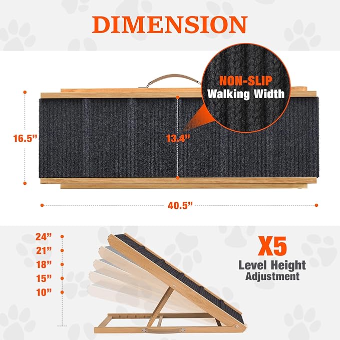 Adjustable Dog Ramp for Bed - Foldable Wooden Ramp for Dogs to Get on Bed, Couch, or Car - Ideal for Small, Medium, and Large Breeds (Natural Wood with Grey Carpet)