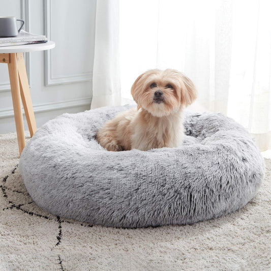 WESTERN HOME WH Calming Soft Round Dog & Cat Bed, Anti-Anxiety Donut Cuddler Warming Cozy Fluffy Faux Fur Plush Cushion Bed for Small Medium Dogs and Cats (20"/24"/27"/30"), Light Grey