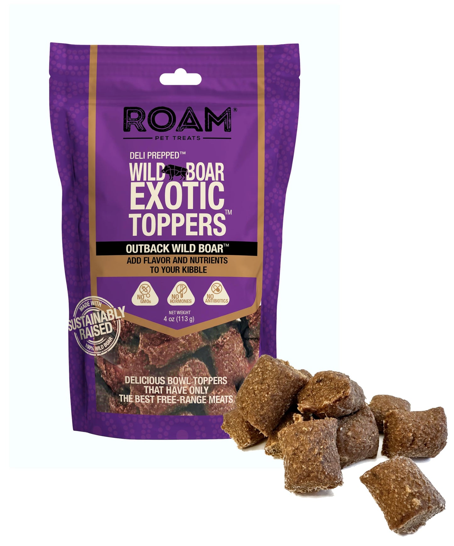 ROAM Pet Treats Wild Boar Exotic Dog Topper - Single Protein, Sustainably Raised Wild Boar Meat Dog Food Topper - Non-GMO, 4 Ounce
