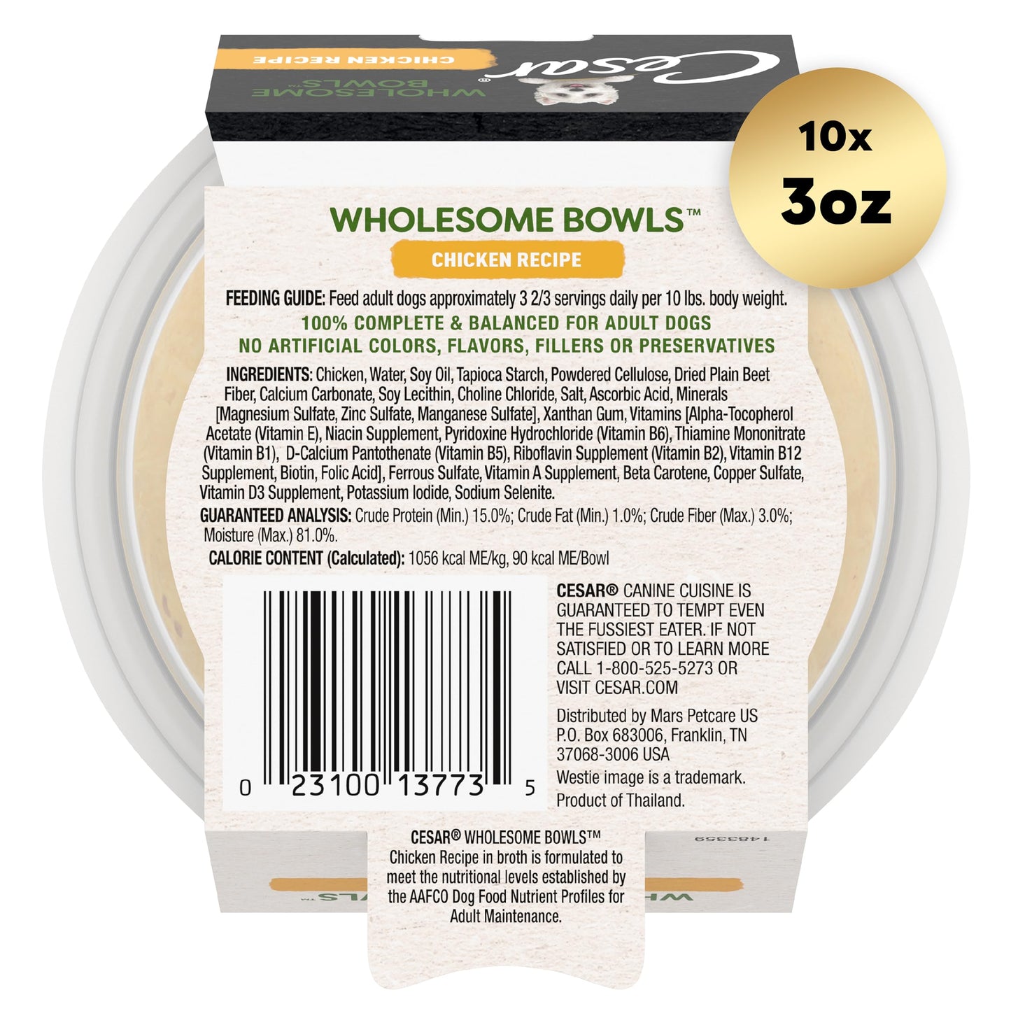 Cesar Wholesome Bowls Adult Wet Dog Food, Chicken Recipe, 3 oz. (10 Count, Pack of 1)