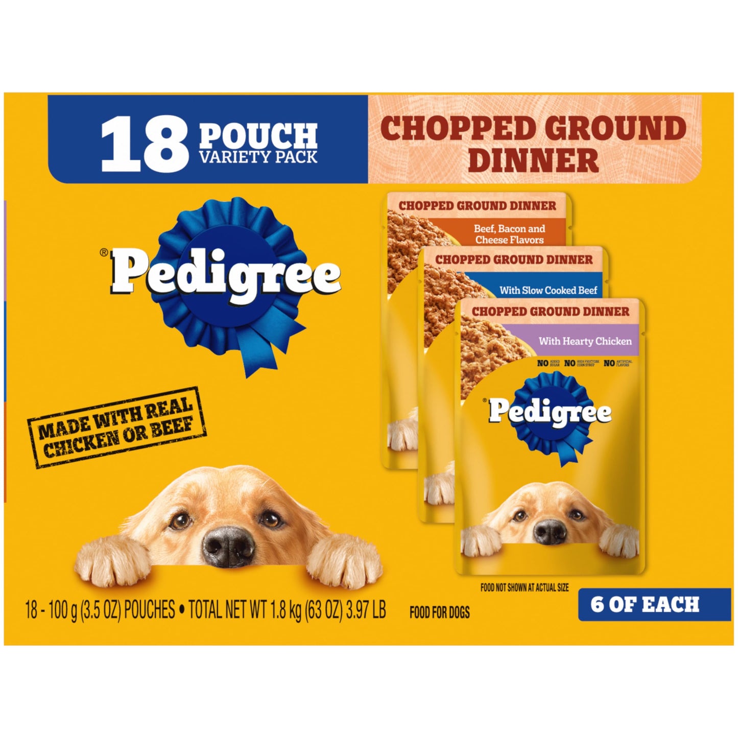 Pedigree Chopped Ground Dinner Adult Soft Wet Dog Food 18-Count Cheese Variety Pack, 3.5 oz. Pouches