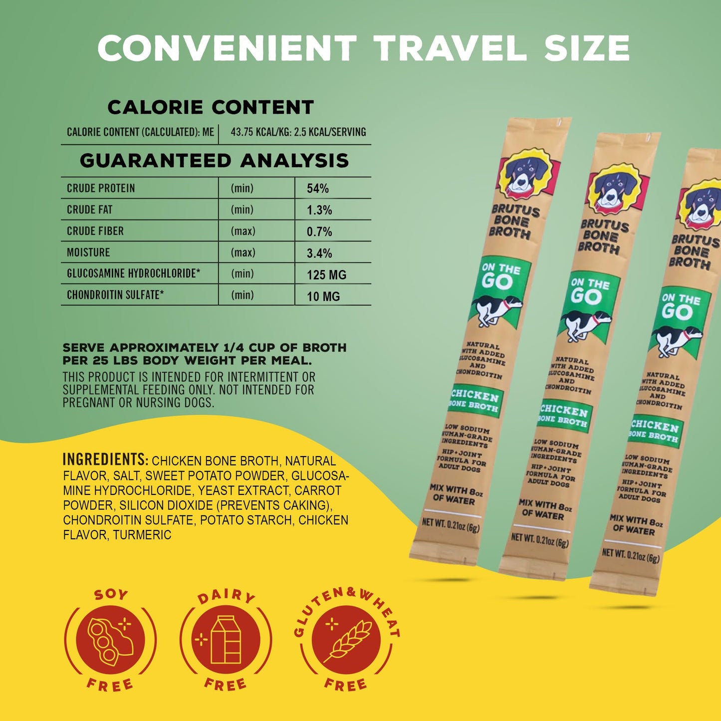 Brutus Bone Broth for Dogs - Bone Broth Powder with Chondroitin Glucosamine & Turmeric - Human Grade Food Toppers for Dry Food & Picky Eaters - 5 Stick (Chicken)