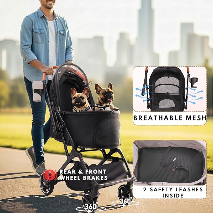 Pet Stroller for Small Medium Dogs Cats Up to 45 lbs, Travel Lite Collapsible, All Terrain 4 Wheels for Jogging, Running, Grey