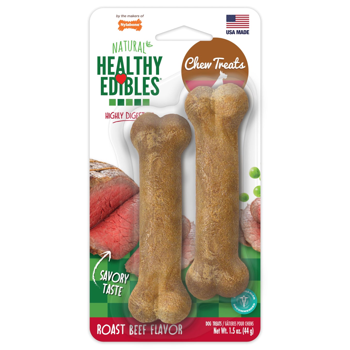Nylabone Healthy Edibles Natural Dog Chews Long Lasting Chew Treats for Dogs, Roast Beef Flavor, X-Small/Petite (2 Count)