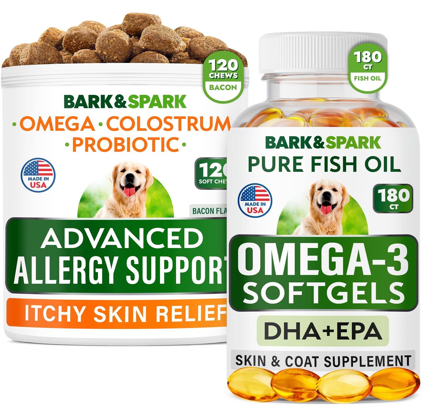 Advanced Dog Allergy + Omega 3 Bundle - Itch Relief - Probiotics w/Fish Oil Omega 3 + EPA&DHA Fatty Acid - Skin Allergies + Joint Health - 120 Chews + 180 Softgels - Bacon + Fish Flavor - Made in USA