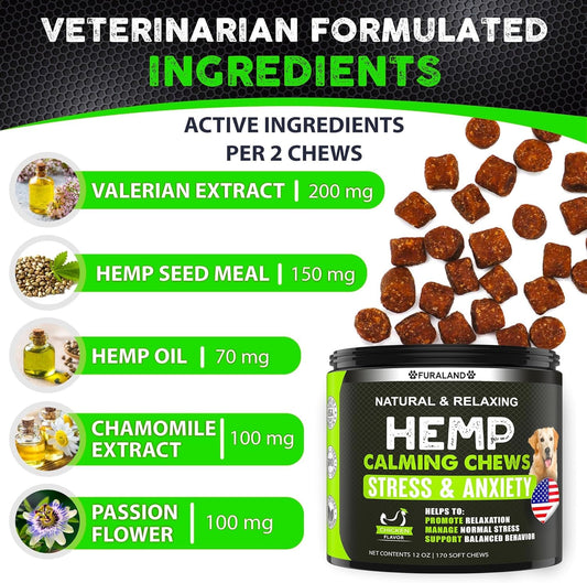 Hemp Calming Chews for Dogs with Anxiety and Stress - 170 Dog Calming Treats - Storms, Barking, Separation - Valerian Root - Melatonin - Hemp Oil - Dog Anxiety Relief - Made in USA | Soft Chews