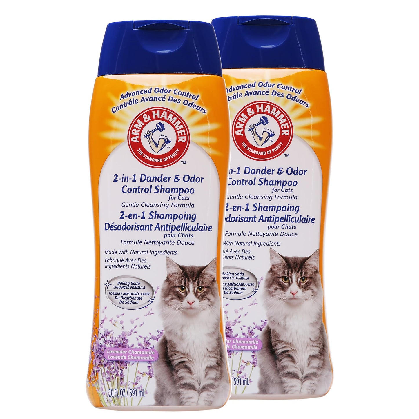 Arm & Hammer 2-in-1 Deodorizing & Dander Reducing Shampoo for Cats - Cat Dander Remover, Removes Cat Odors - Baking Soda Moisturizes and Deodorizes, Lavender Chamomile Scent, 20 Fl Oz - 2 Pack