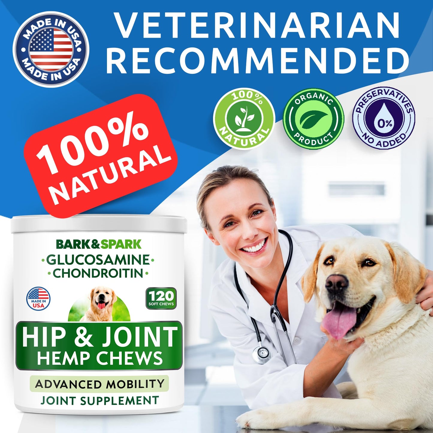 BARK&SPARK Advanced Hemp Chews for Dog Joint Pain Relief - Glucosamine Chondroitin Hemp Treats Hip Joint Health - Joint Supplement Large Breed & Small - Treats Joints Old Senior Dog (120Ct/Bacon)