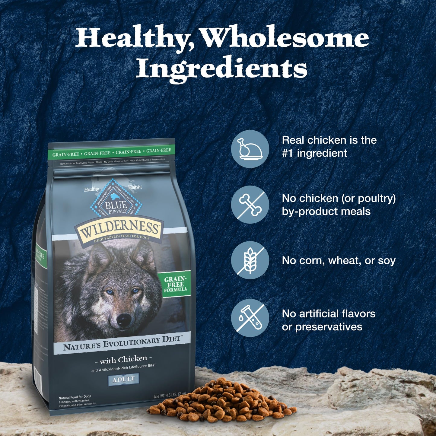 Blue Buffalo Wilderness Adult High-Protein Dry Dog Food with Real Chicken, Grain-Free, Made in the USA with Natural Ingredients, Chicken, 4.5-lb Bag