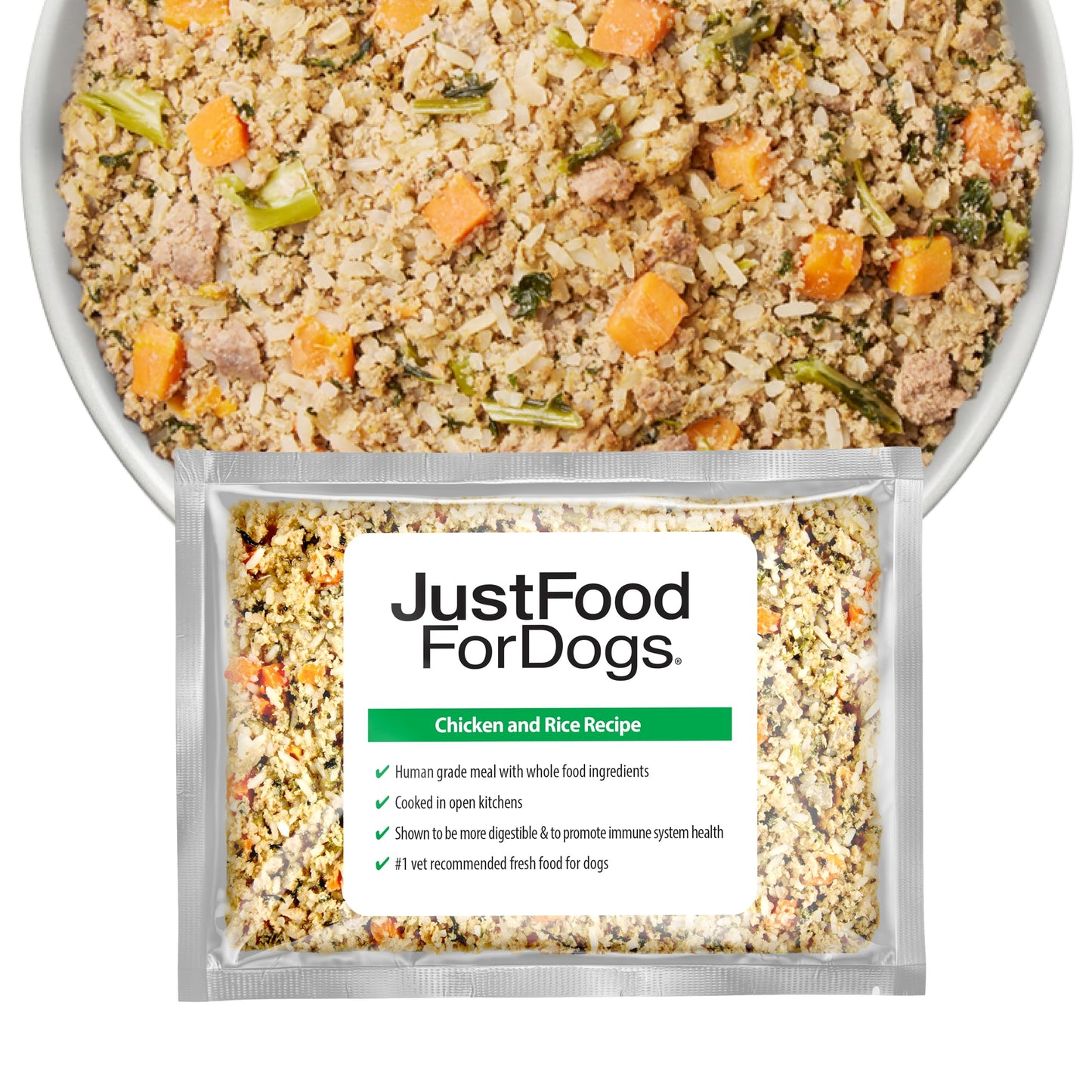 JustFoodForDogs Frozen Fresh Dog Food, Complete Meal or Dog Food Topper, Chicken & Rice Human Grade Recipe, 18 oz (Pack of 14)