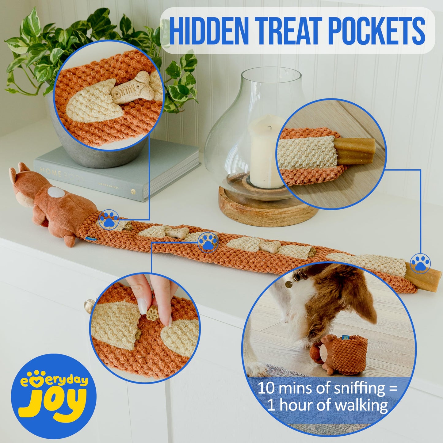 everyday joy Crinkle Dog Toy Plush Toy - Long Tug-of-War Squeaky Dog Toy Boredom Buster Toys with Snack Pockets - Durable Enrichment Mentally Stimulating Toys for Dogs Small, Medium, Large - Squirrel