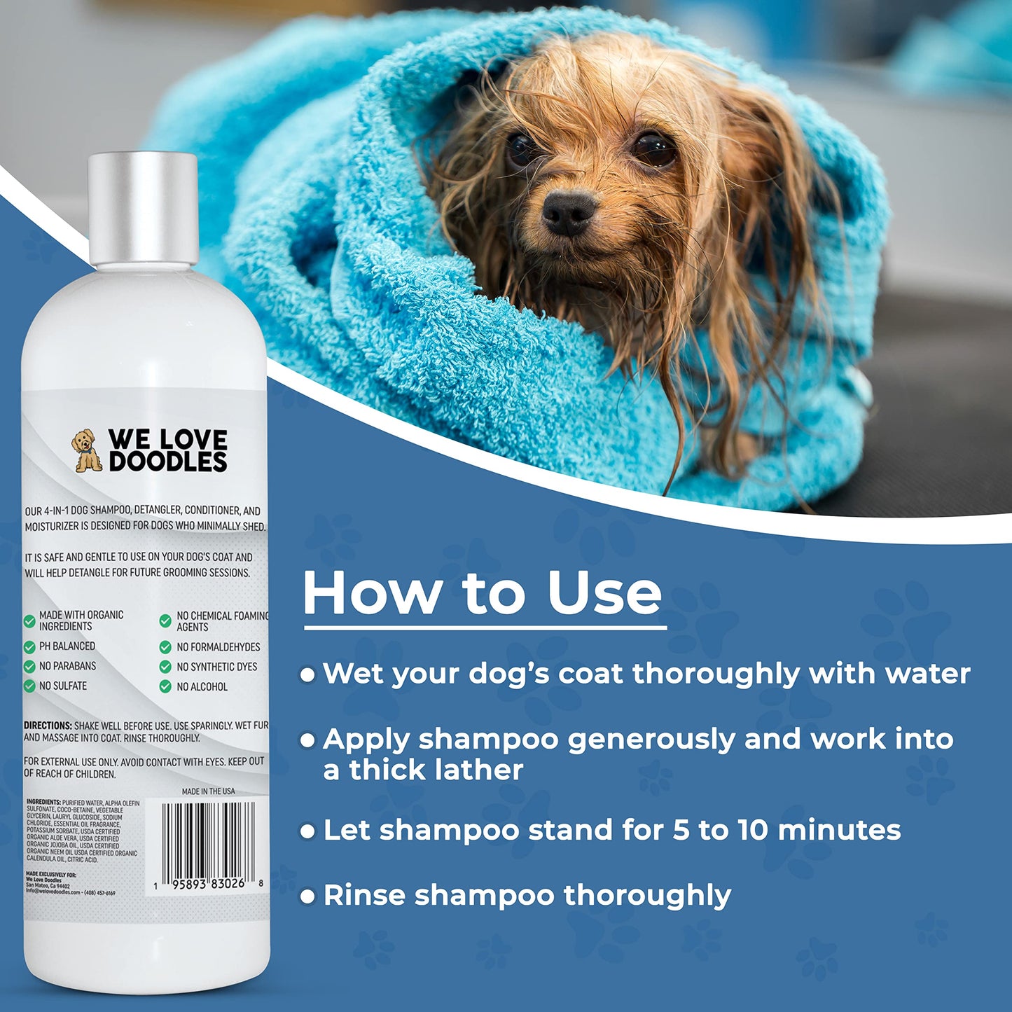 We Love Doodles Dog Gloves Wipes & Dog Shampoo Bundle - Pet Bathing Wipes for Dogs, Paws, Face, Body, Ears, Shampoo for Dogs Matted Pet Hair, Sensitive Skin Shampoo for Puppies