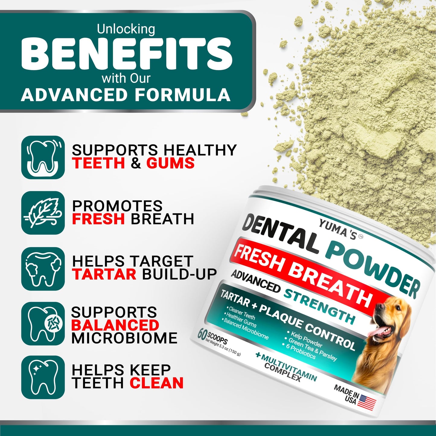 Advanced Dog Dental Powder, Breath Freshener, Dog Teeth Cleaning Powder, Bad Breath & Tartar and Plaque Off Remover for Dogs with Probiotics lab co, Pet Oral Care - 60 Scoops - Made in USA