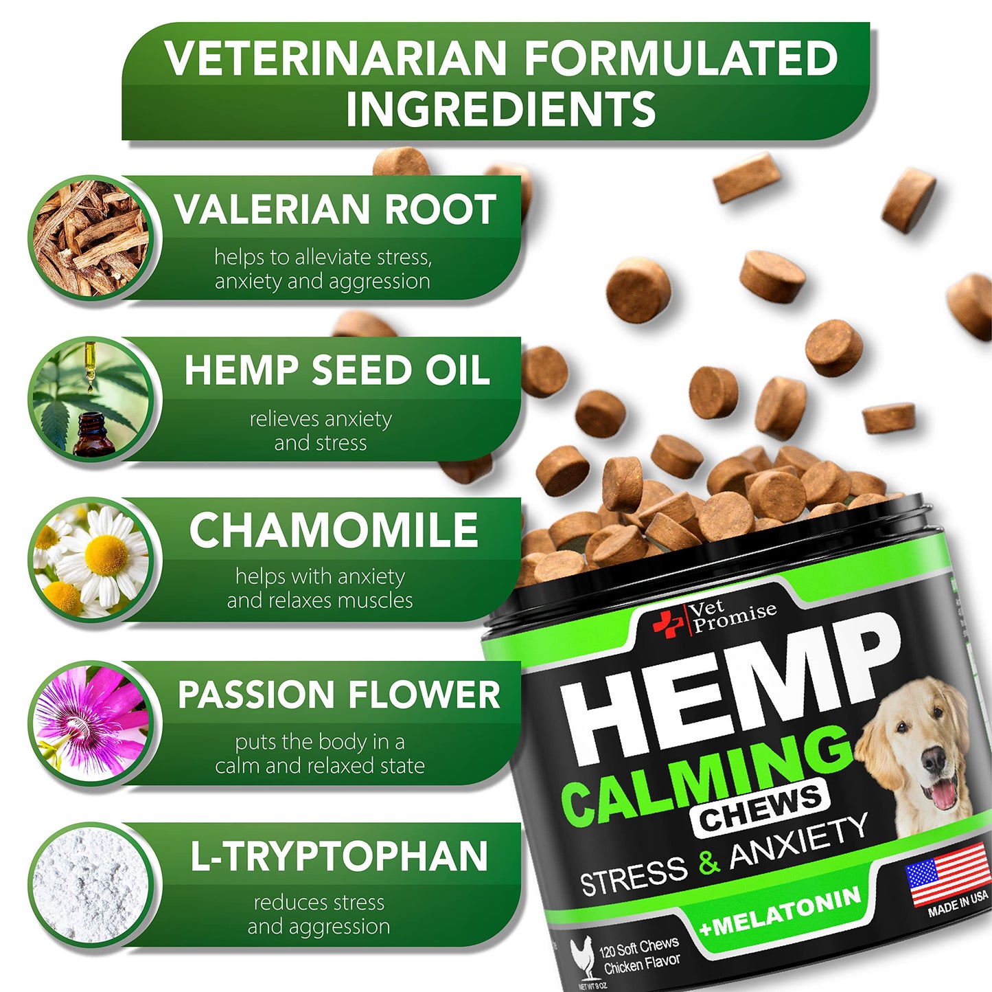 Hemp Calming Chews for Dogs with Anxiety and Stress - Dog Calming Treats - Anxiety Relief - Separation - Travel - Barking - Melatonin - Hemp Oil - 120 Soft Treats - Made in USA