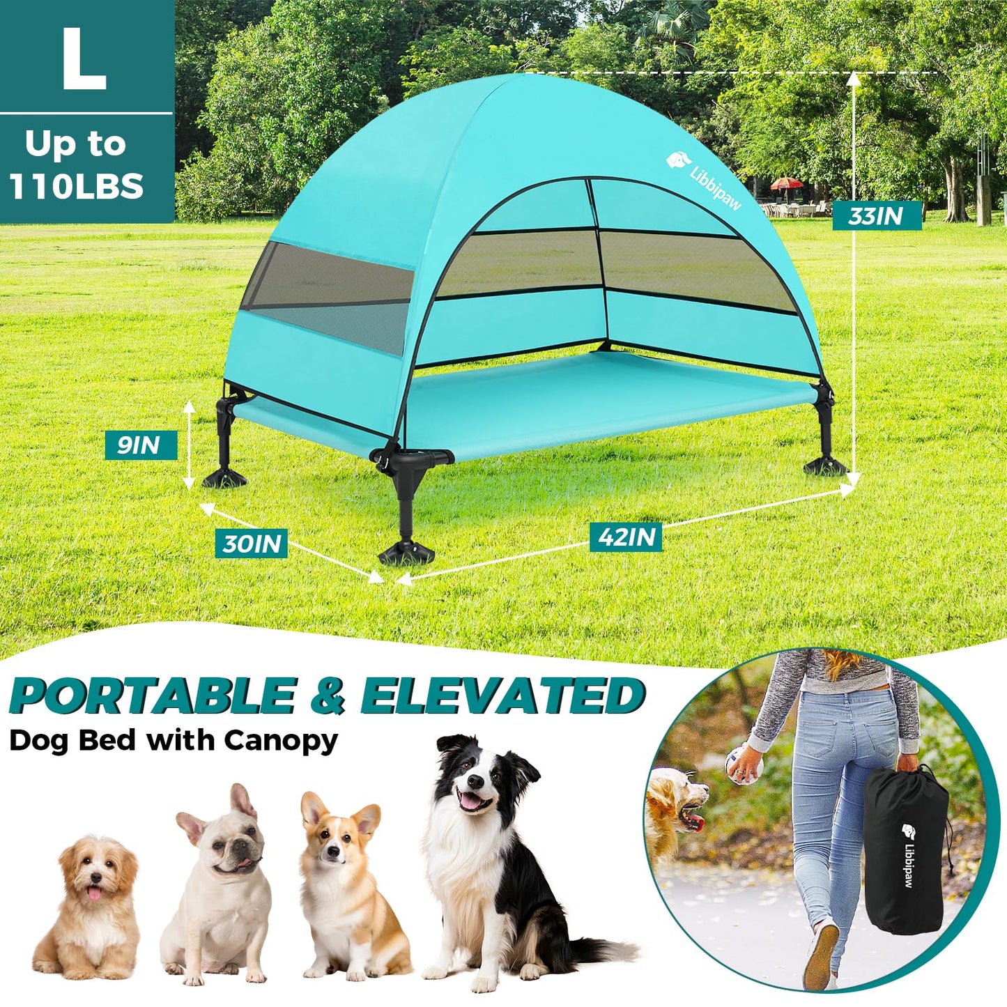 Libbipaw Windproof Elevated Dog Bed with Canopy & Stakes, 3-Sided 90% UV Block, Chew-Proof Teslin Mesh Mat for Large Dogs up to 150lbs(Blue Large)