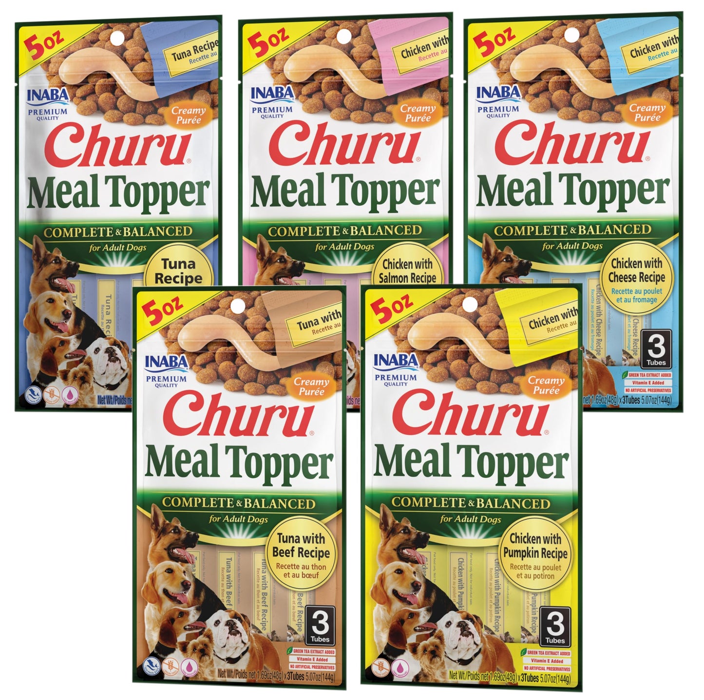 INABA Churu Meal Topper for Dogs, Complete & Balanced, Creamy, Lickable Purée Dog Food Toppers, 1.69 Ounce Tube, 15 Tubes (3 per Pack), 5 Flavor Variety Pack