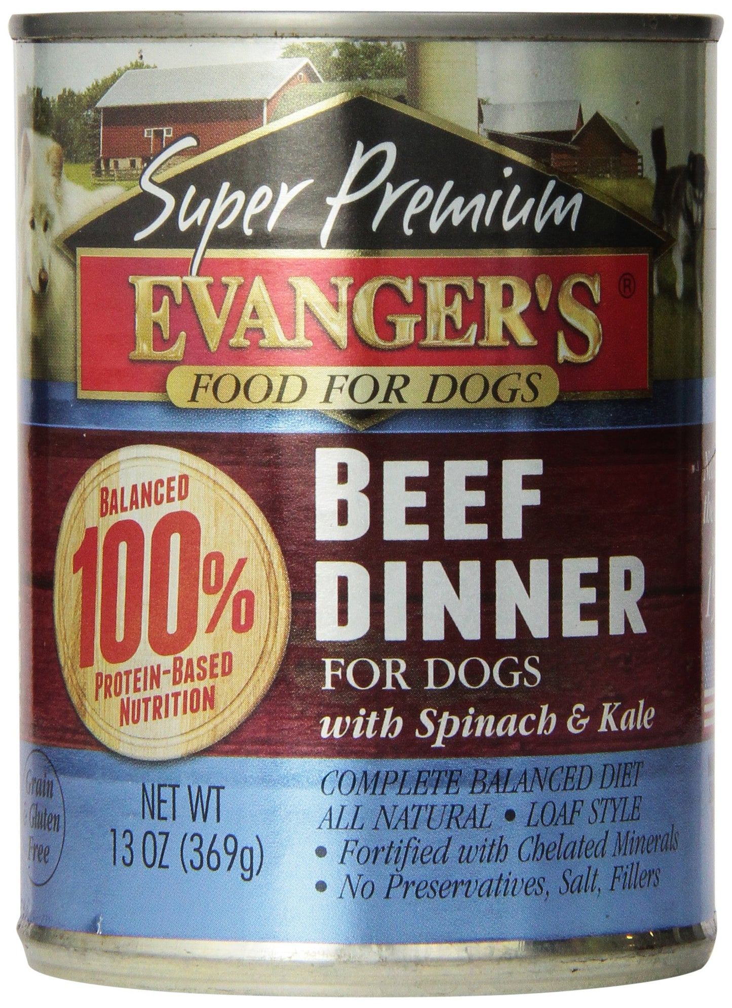 Evanger's Super Beef Dinner for Dogs – 12 Count, 13 oz Each – Grain Free Wet Dog Food with Spinach & Kale – All Life Stages – Limited Ingredient Diet