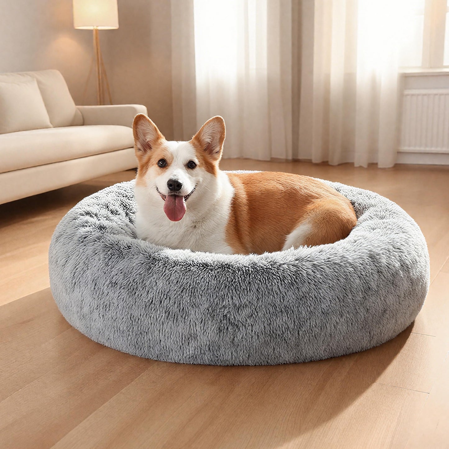 Warmrest Calming Dog Bed - Donut Washable Medium Size Round Pet Bed for Dogs and Cats, 30 inches Anti-Slip Fluffy Faux Fur Plush Cat Bed, Anti-Anxiety Cushion with Anti-Slip Bottom