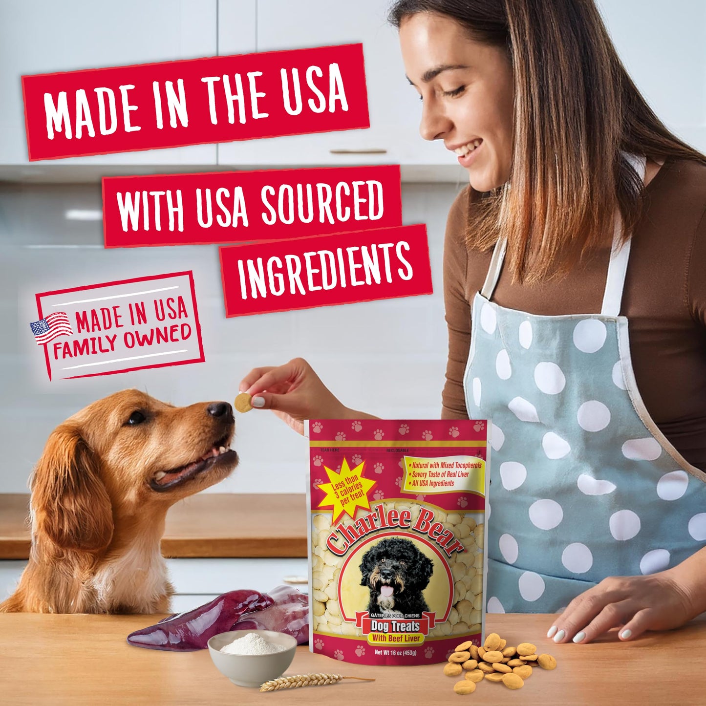 Charlee Bear Dog Training Treats for Small, Medium, or Large Pups, Crunchy Low Cal Dog Snack for Puppy Training, Made in USA (Beef Liver) 16oz, 4 Pack