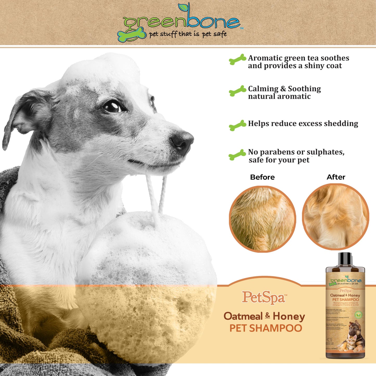 Greenbone Pet Spa Oatmeal & Honey Dog Shampoo - Calming, Soothing, Gentle Grooming Solution, 33 fl oz, Safe & Natural Formula