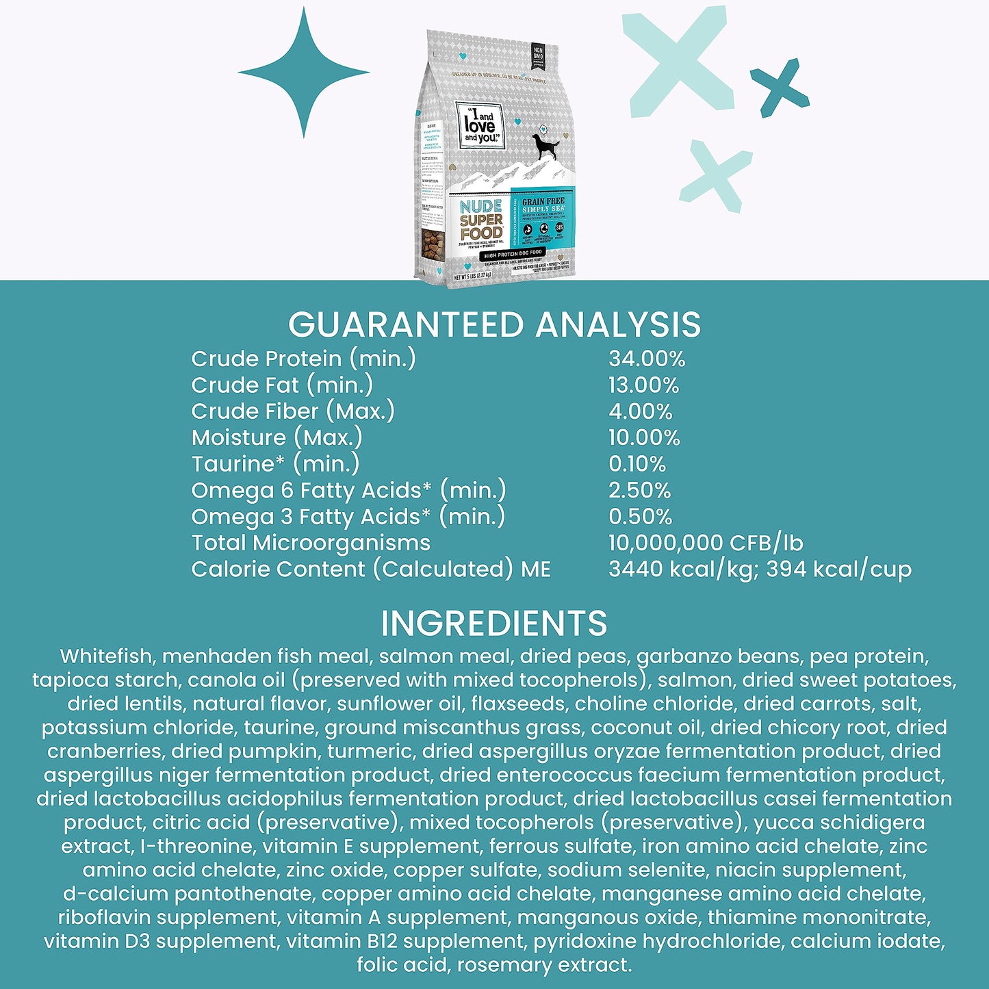 I and love and you Nude Super Food Dry Dog Food - Salmon + Whitefish - Prebiotic + Probiotic, Grain Free, Real Meat, No Fillers, 5lb Bag