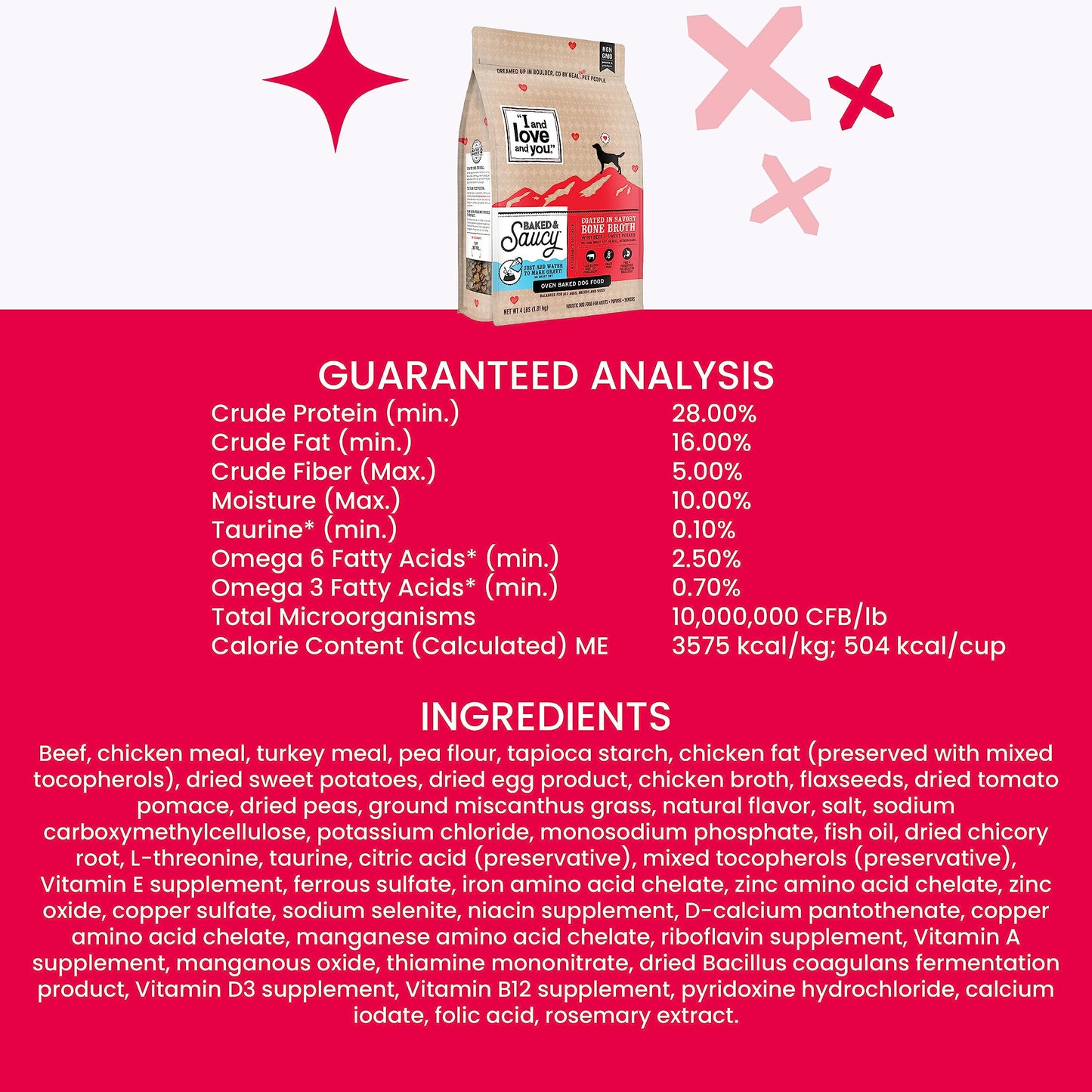 I AND LOVE AND YOU Baked and Saucy Dry Dog Food - Beef + Sweet Potato - Prebiotic + Probiotic, Real Meat, Grain Free, No Fillers, 4lb Bag